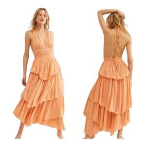 Free People Drop Dead Beauty Tiered Maxi Dress Large Orange